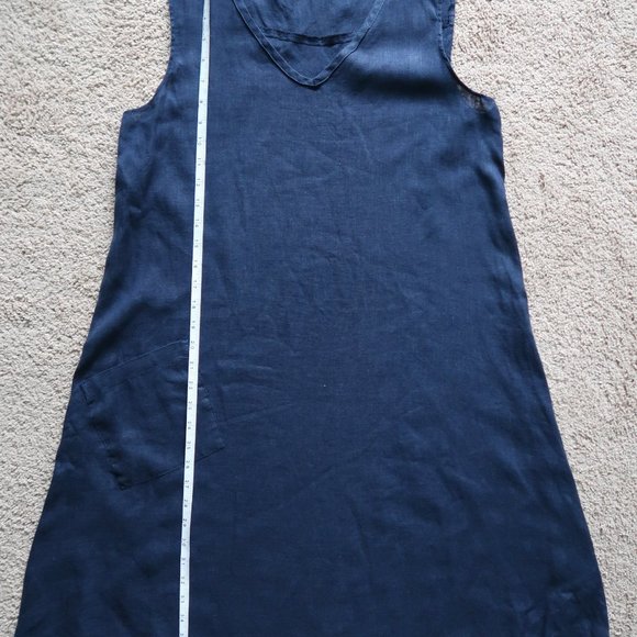 Flax Dark Blue V Neck Lightweight Linen Tank Dress with Pocket - Picture 9 of 14